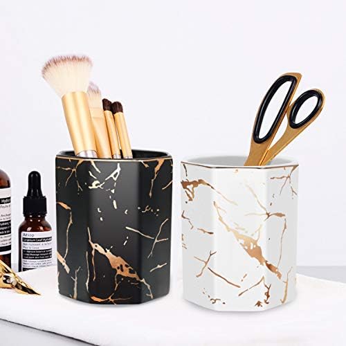 Makeup Brush Holder, Pen Holder for Desk, Stand for Desk Marble Pattern Pencil Cup for Kids Durable Ceramic Desk Organizer for Home, Office, White (Upgrade Larger Capacity) - Image 4