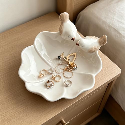 Ceramic Jewelry Tray Trinket Dish, Cute Bird & Lotus Leaf Design, Ring Holder, Seasoning Condiment Dish, Aesthetic Vanity Desk Decor for Bedroom Bathroom (white) - Image 3