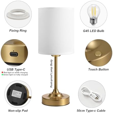 Rechargeable Table Lamp, Battery Operated, Touch Control, Brass, 1 Pack - Image 6