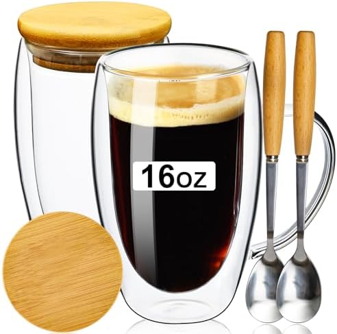 PARACITY Double Wall Glass Coffee Mugs 16OZ with Bamboo Lid/Spoon, Glass Coffee Cups Set of 2 with Handle, Insulated Clear Coffee Mug, Perfect for Latte, Cappuccino, Espresso, Hot Beverage, Tea by PARACITY
