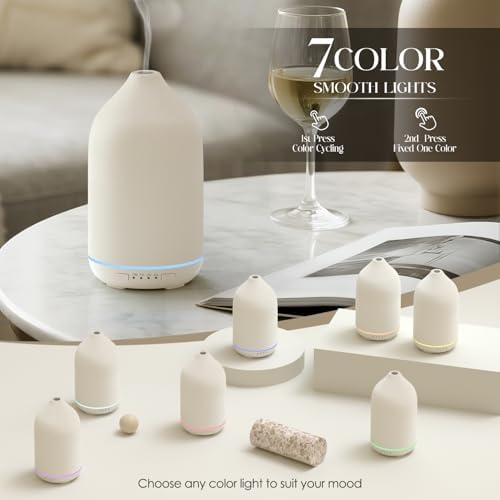 SALKING 200ml Ceramic Essential Oil Diffuser, Stone Diffusers for Essential Oils, Ultrasonic Aromatherapy Diffusers with with 7-Color LED Lights Timers, for Office Bedroom Home (White) - Image 3