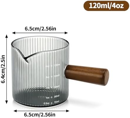 Espresso Measuring Cup 4 Oz, Espresso Glass Cups with Wood Handle, Milk Frothing Cup, Espresso Cup for Coffee, Milk, Tea or Maple Syrup Serving (Gray, 4 oz) - Image 2