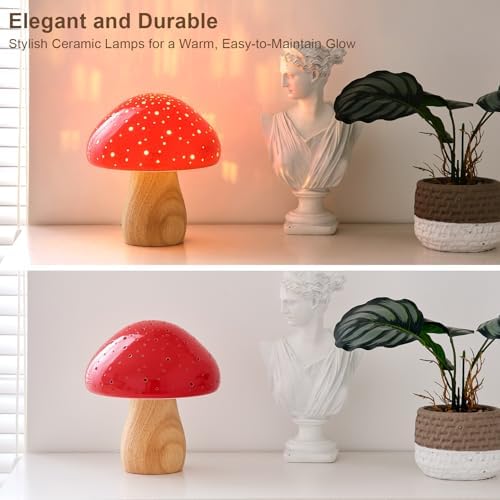 BOHON Mushroom Lamp Ceramic Bedside Table Lamp, Red - Image 2