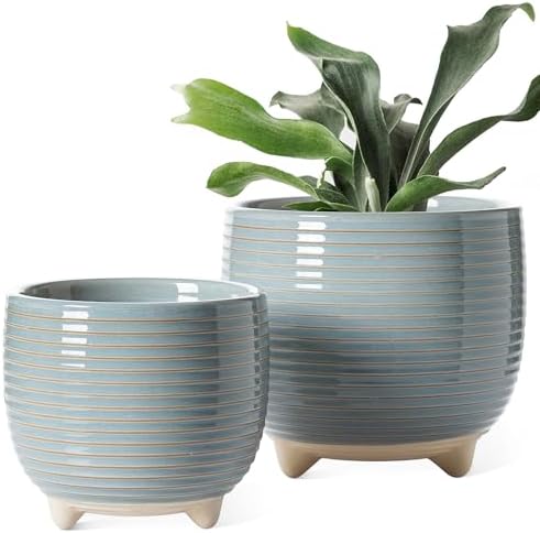 LE TAUCI Ceramic Plant Pots, 5.1 + 6.4 Inch Footed Pots for Plants, Modern Flower Pots for Home and Office, Indoor Planters with Drainage, Reactive Glaze Gray by LETAUCI