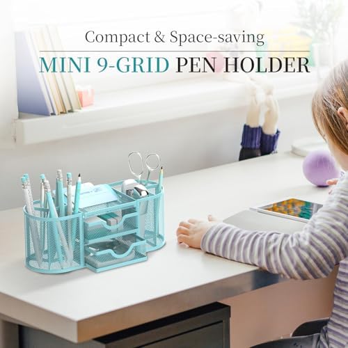 SUPEASY Mesh Desk Organizer, Pen Holder for Desk with 2 Drawers, Blue - Image 2