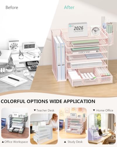 WALI Desk File Organizer, 6 Tier Desktop Paper Letter Tray Organizer with Drawer and 2 Pen Holders, Office Desk Accessories & Workspace Organizers for Office, Home Supplies(DO007DH-P), 1 Pack, Pink - Image 6