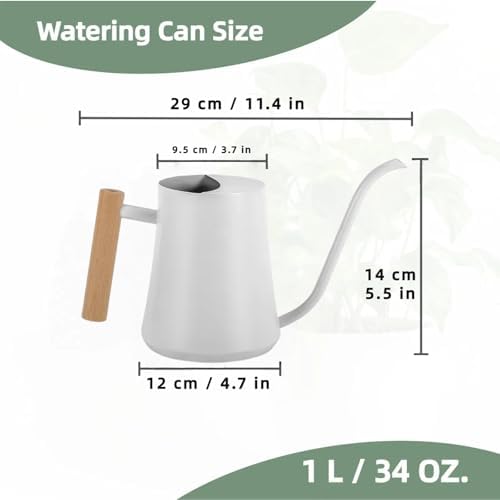 Indoor Watering Can with Long Spout, 34oz Capacity, White Metal with Wood Handle (White-W1) - Image 2