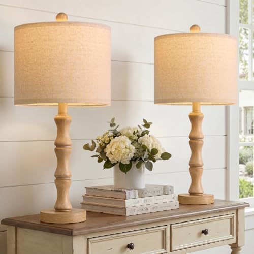 BOBOMOMO 20.5" Farmhouse Table Lamps Set of 2, Rustic Nightstand Lamps with Wood Grain Resin Base & Linen Shade, Small Bedside Lamps for Bedroom, Living Room, Apartment Side Table & Small Spaces by BOBOMOMO