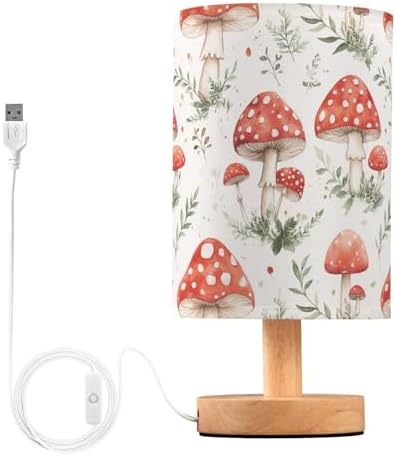 Cartoon Farmhouse Botanical Mushrooms Bedside Table Lamps with USB Port for Bedroom Lamp Table Lamp Small Nightstand Lamp Sturdy Linen Shade Wooden Decorative Lamps for Home Dorm Office Living Room by Fustylead