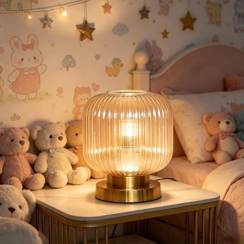 Mid Century Modern Table Lamp, Amber Ribbed Glass Nightstand Light with Gold Base, Vintage Decorative Desk Lamp for Bedroom Living Room Study - Image 3
