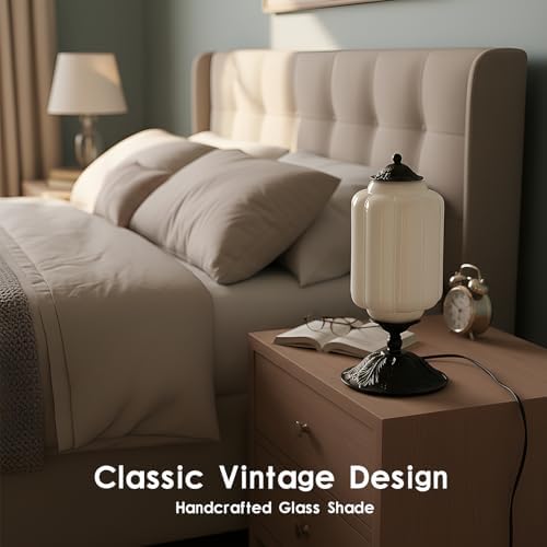 Vintage Milk Glass Table Lamp,3-WayDimmable USB-C+A,Black Bedroom DeskLamps - Image 4