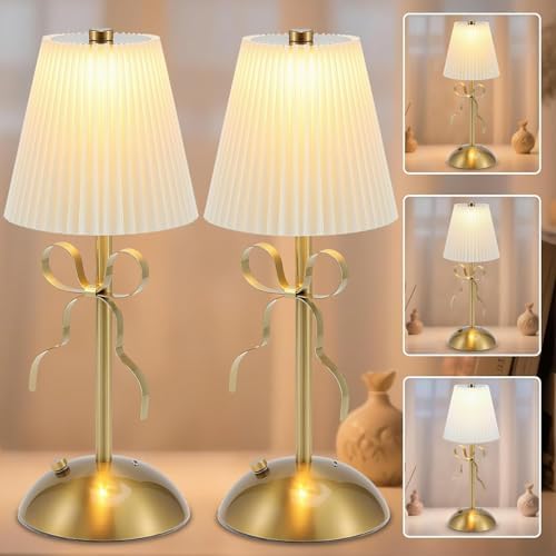 2 Pack Cordless Table Lamp,Small Gold Bow Night Light,LED Rechargeable by FortuneShun