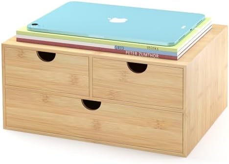 Bamboo Desk Drawer Organizer, Large Desktop Organizer with Drawers Tabletop Storage Organization Box for Office Home Toiletries Supplies Vanity, No Assembly Required (L-3 Drawers) by Wisuce