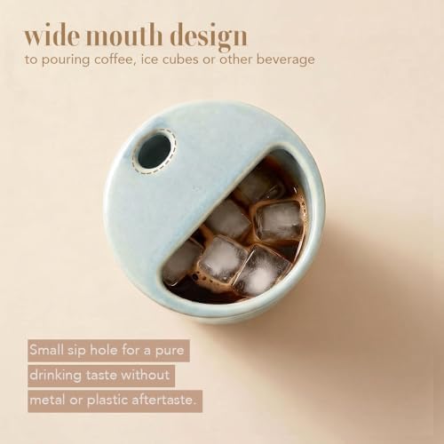 Handmade Ceramic Coffee Mug with Half Lid, 17oz Unique Tea Coffee Cup with Sip-top Lid, Sea Foam - Image 3