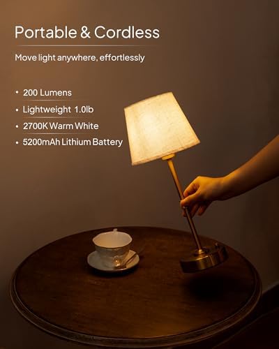 EppieBasic Cordless Table Lamp Rechargeable: Fast Charging & Long Lasting - 2700K Warm Light Small Vintage Gold Side Table Lamps - Dinning Living Room Bedroom - Linen Shade - Image 4
