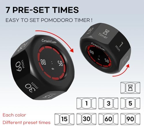 Flip Cube Pomodoro Timer - Rechargeable Visual Countdown & Count Up Stopwatch, 7 Preset Intervals, 3 Alarm Modes, Productivity Tool for ADHD, Kids, Study, Work & Kitchen (Gray) - Image 2