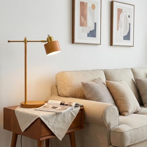 OYEARS 22.2" Mid Century Desk Lamp, Modern Metal Table Lamp with LED Bulb, Adjustable Reading Lamps, Industrial Task Lamp for Home Office, Farmhouse Bedside Lamps with Solid Base, Woodgrain - Image 3