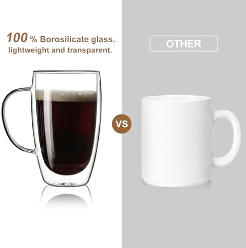 Aurzen 2 Pack Double Walled Glass Coffee Mugs with Handles, Large Insulated Layer Coffee Cups, 15oz Clear Borosilicate Mugs, Perfect for Cappuccino, Tea, Microwave Safe - Image 3