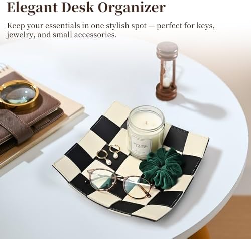 MSJGA Black and White Checkered Valet Tray PU Leather Key Holder Bowl for Women and Men Entryway Table Nightstand Desk Tray for Wallet, Keys Men's Gift - 9.8" L x 9.8" W x 2" H - Image 4