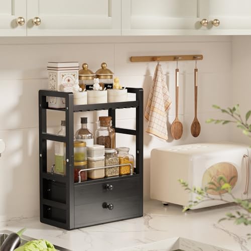 AmazerBath Bamboo Bathroom Counter Organizer, 2-Tier Makeup Organizer with 2 Drawers, Vanity Organizer Storage Coffee Matcha Station, Compact Shelf for Bathroom Kitchen Office Countertop, Black - Image 7