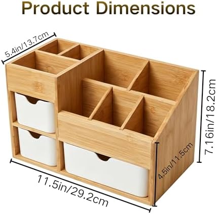 Bamboo Makeup Organizer with 3 Drawers & Adjustable Dividers, Desk Cosmetic Storage Box, Vanity Countertop Organizer for Bathroom, Office, Bedroom, Natural Bamboo Color (11.5x5.4in) - Image 3