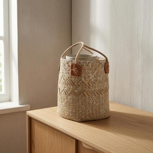 Handmade Basket Woven Organizer Basket Round Storage Bin With Open Top And Leather Strengthened Border Handcrafted Seagrass Weave Suitable for shelves, Coffee, Small - Image 5