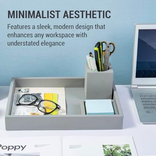 MyGift 3 pcs Set Modern Gray Concrete Desk Organizer Trays, Desktop Office Paper Tray, Stationery Holder Pencil Cup, Sticky Note Pad Holder - Image 2