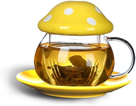 Mushroom Cup Cute Glass Tea Cup with Infuser and Lid Kawaii Mushroom Mug Set Coffee Teapot with Ceramic Coasters 11oz (Yellow) by Aboyer-Lifestyle
