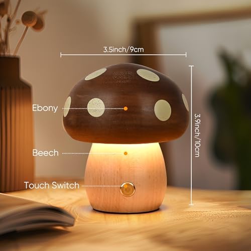 LONRISWAY 2Pack Wood Small Mushroom Table Lamp, LED Rechargeable Cordless Touch Bedside Lamps, Wireless Stepless Dimming Night Light, Portable Battery Lamp for Bedroom Nightstand for Birthday Gifts - Image 5