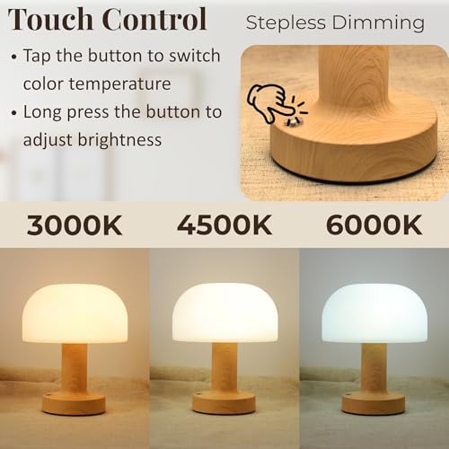 Cordless Rechargeable Mushroom Table Lamp, Dimmable 3-Color Night Light - Image 2