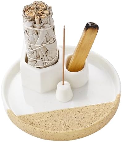 4 in 1 Incense Holder, 5.6" Ceramic Smudge Tray, Sage Holder, Palo Santo Holder, Incense Holder for Sticks, Smudging Burner, Ideal for Smudging Meditation Yoga Room, Simple, Sturdy by HOCUROAY