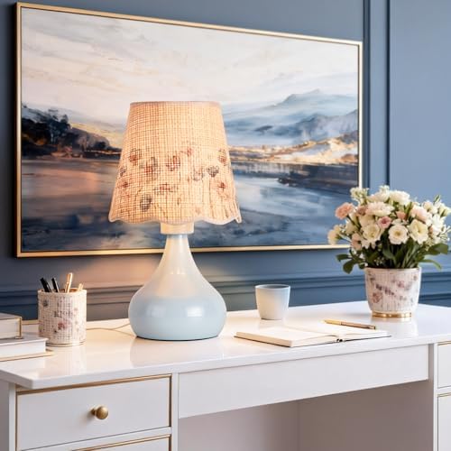 Ziqqeelam Blue Small Bedside Cute Table Lamp for Bedroom, Table Lamps for Nightstand, Scalloped Rattan Shade Table Lamps for Small Spaces for Bedroom, Home Office, Living Room - Image 6