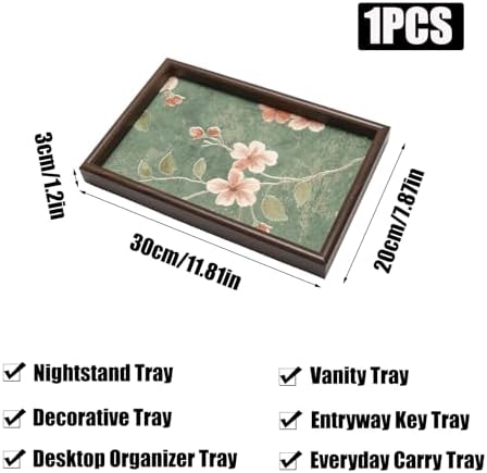 Wooden Valet Tray with Floral Base, Green Vintage Blossoms - Image 2
