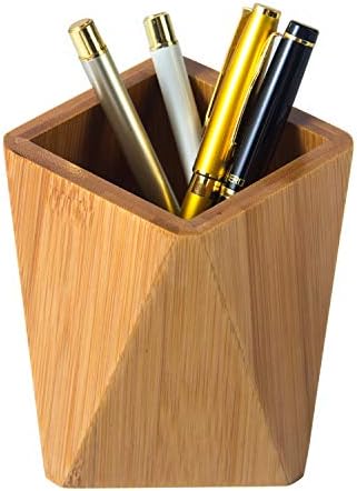 Bamboo Wood Pen Holder Stand for Desk Geometric Pencil Cup Pot Cute Desktop Office Supplies, Makeup Brushes Organizer (Bamboo) by YOSCO