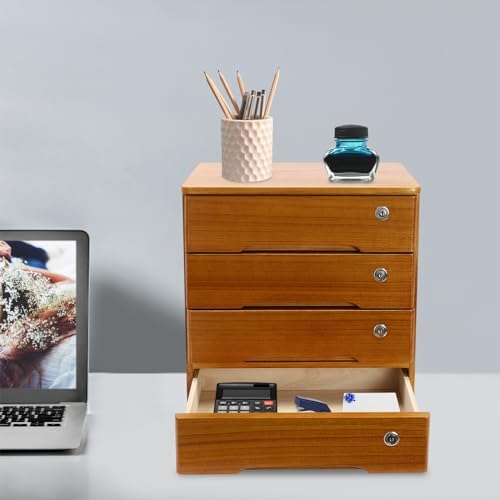 4-Tier Desktop Storage Box with Lockable Drawer, Wooden Desk Organizer for Office Supplies, Flat File Cabinet, Minimalist Design for Home & Office Use(Wooden+Yellow) - Image 5