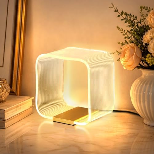 LED Small Table Lamp, Modern Minimalist Square Hollow Acrylic Nightstand Lamp, Warm Plug-in Desk Lamp for Bedroom Living Room Home Decor by Unknown