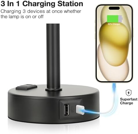Fenmzee Grey Bedside Lamp for Bedroom, Dimmable Touch, USB A+C, AC Outlet - Image 3