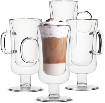 BTaT- Double Walled Glass Irish Coffee Mugs, 10 oz, Set of 4, Glass Coffee Cups with Handle, Insulated Clear Irish Coffee Mug for Hot and Cold Beverages, Cappuccino, Latte, Americano, Microwave Safe by BrewToATea