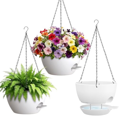 UOUZ Set of 3-10 Inch Self Watering Hanging Planters for Indoor Outdoor，Hanging Plant Pots with Drainage & Removable Tray, Hanging Pots for Pothos Plant, Spider Plants, Ferns, Balcony & Patio, White by UOUZ