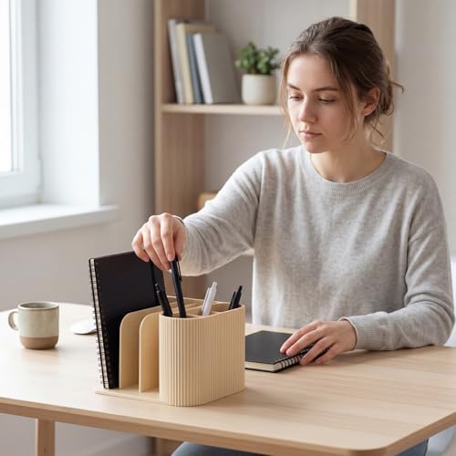 Junkin Desk Organizer 6 Compartments, Modern Ribbed Pen Holder Book Stand - Image 3