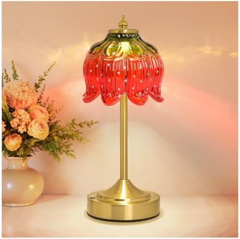 Cordless Table Lamp, Rechargeable Red Glass Flower Lamp by Unknown