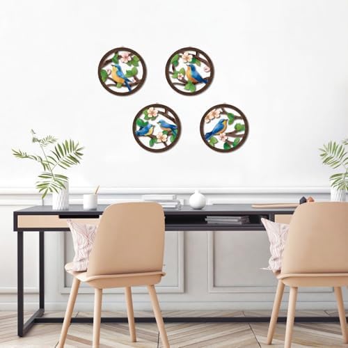 HPNIUB Bird on Birch Tree Branch Wall Decor, Modern Green Leaves Little Birds Laser Cut Artwork, 4 Pieces 10''x10'' Rustic Farmhouse Nature Animals Wall Hanging Plaque for Living Room Bedroom - Image 6