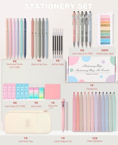 56 PCS Aesthetic School Supplies with Large Pencil Case, 5 Inspirational Ballpoint Pens, 12 Pastel Highlighters, 5 Black Ink Gel Pens, 6 Mechanical Pencils 0.5-0.7mm College Student Essentials (Beige) - Image 2