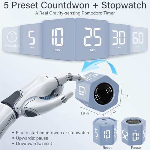 Rotating Productivity Timer 5, 25, 10 30,60 Mins Preset Stopwatch, Desk Flip ProductivityTimer, ADHD Tool Hexagon, Vibration/Mute/Alarm, for Work, Study, Back to School, Kitchen, Blue - Image 2