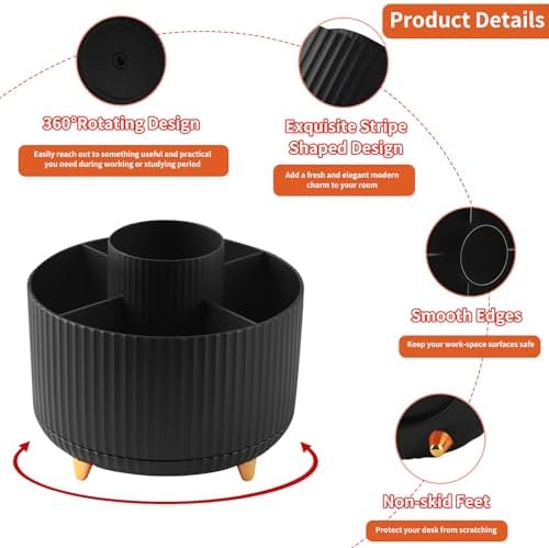 Desk Pencil Pen Holder, 5 Slots 360°Degree Rotating Pen Organizers for Desk, Desktop Storage Stationery Supplies Organizer, Cute Pencil Cup Pot for Office, School, Home, Art Supply, Black - Image 6