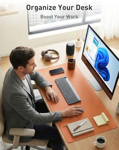 Aothia Faux Leather Desk Mat - Non-Slip PU Leather Desk Blotter, Waterproof Writing Surface, Large Desk Pad for Office & Home (Hermes Orange, 55" x 24") - Image 3