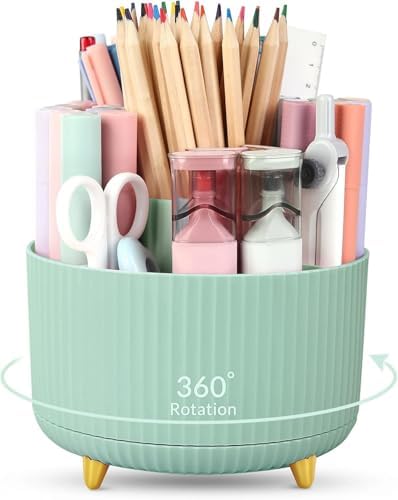 SKYDUE 360 Degree Rotating Desk Organizer, Dual-Purpose Pencil Pen Holder for Desktop, Rotating Desk Pen Organizer with 5 Slots, Pencil Cup for School, Home, Office Supplies (Bean Green) by SKYDUE