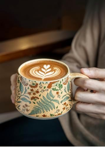 16OZ Ceramic Coffee Latte Mug, Cute Cup for Women, Ideal for Green Tea or Coffee,Hand Painted Floral Design Pottery Mug (cyan) - Image 2