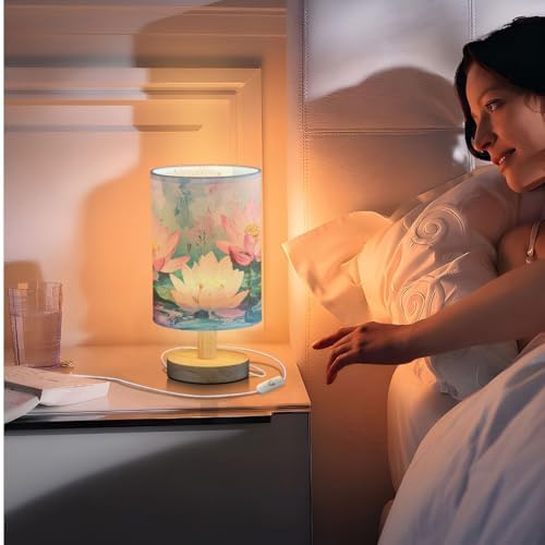 Art Painting Lotus Flowers and Leafs Bedside Table Lamps with USB Port for Bedroom Lamp Table Lamp Small Nightstand Lamp Linen Shade Wooden Base Decorative Lamps for Home Dorm Office Living Room - Image 7