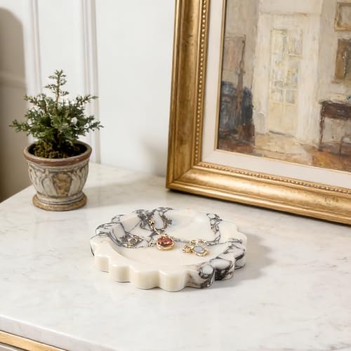 Koville 5.51" Scalloped Calacatta Viola Marble Tray, Round Stone Jewelry Trinket Dish for Ring, Natural Small Marble Tray for Bathroom Kitchen Dresser Countertop, Decorative Candle Tray - Image 3
